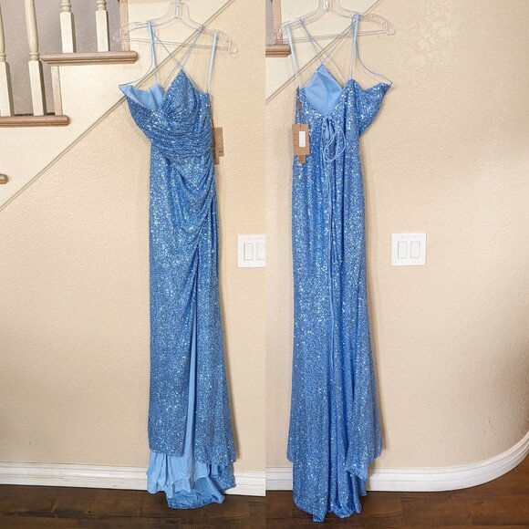 Periwinkle Blue Sequin Sleeveless Long Formal Prom Wedding Evening Dress 12 - Picture 2 of 5